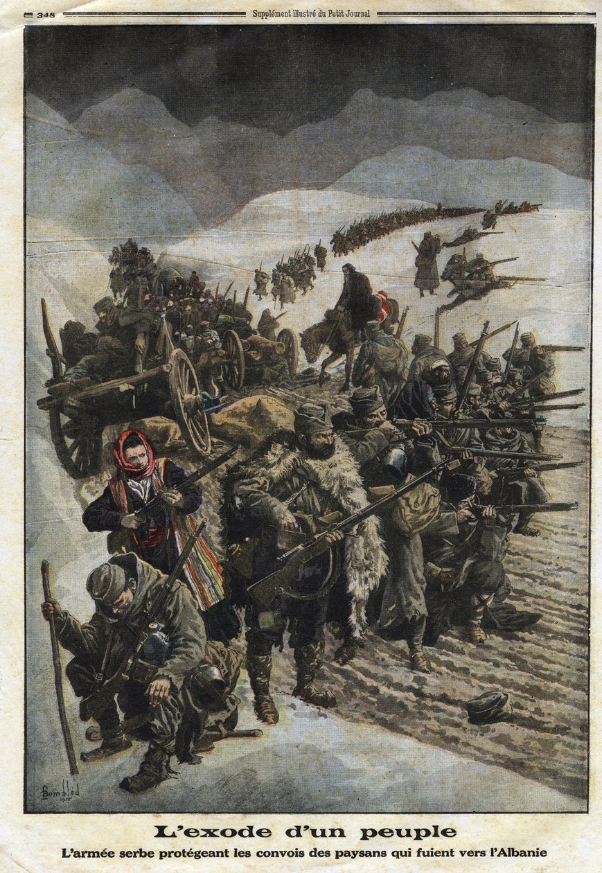 První světová válka 1914-1918 (14-18): „Exodus lidu“. Srbská armáda chrání konvoje rolníků prchajících ze Srbska do Albánie. Rytina v „“Le Petite Journal““, dne 26.12.1915. Soukromá sbírka. od Anonymous Anonymous