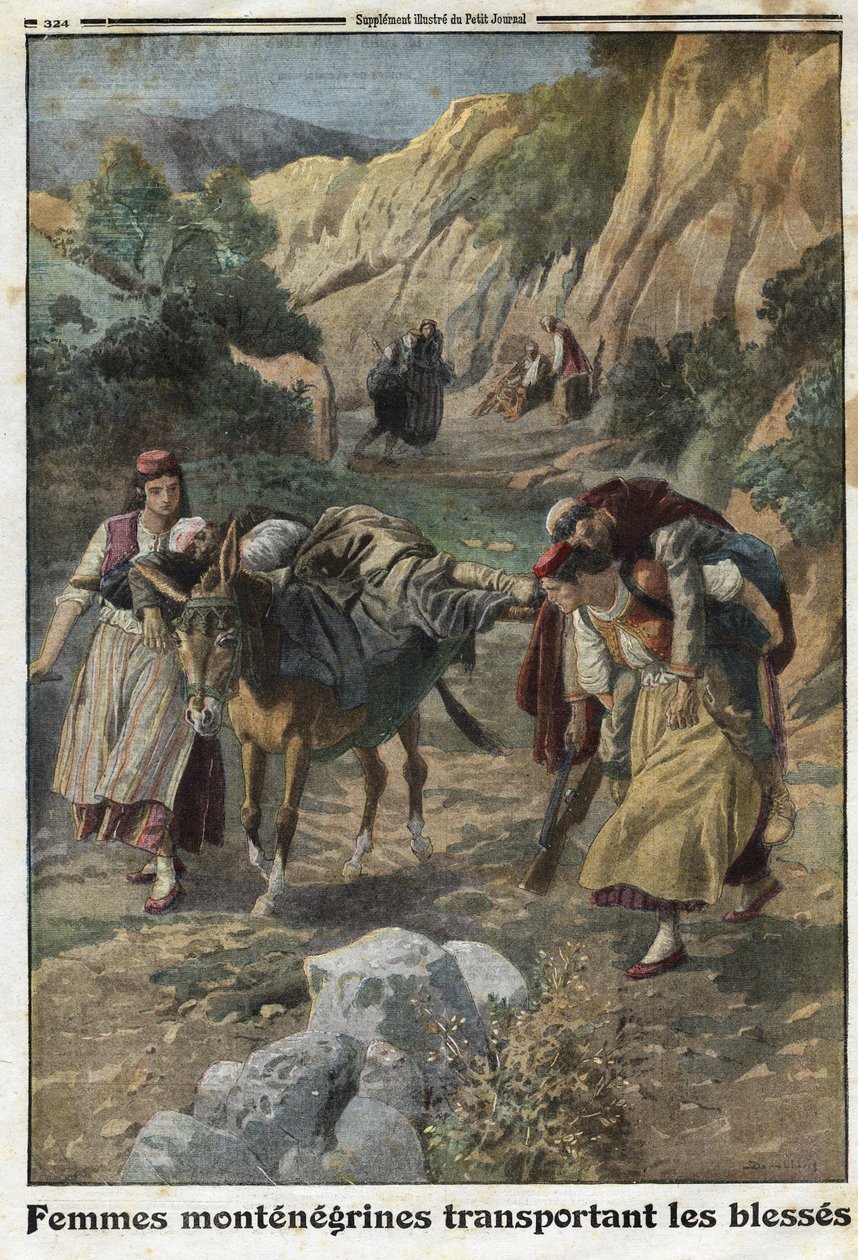 První světová válka 1914-1918 (14-18): ženy z Černé Hory nesoucí zraněné muže ve válce na hřbetech parmice nebo na vlastních ramenou. Rytina v „“Le Petite Journal“, dne 12.5.1915. Soukromá sbírka. od Anonymous Anonymous