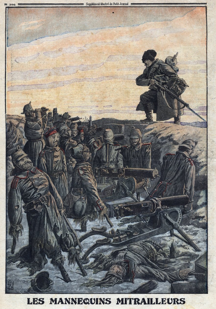 První světová válka 1914-1918 (14.-18. válka). Němečtí vojáci používají figuríny, které mají v zákopech s kulomety, aby oklamali ruského nepřítele tak, aby pasti. V „“Le Petite Journal“ dne 6.2.1916. Soukromá sbírka od Anonymous Anonymous