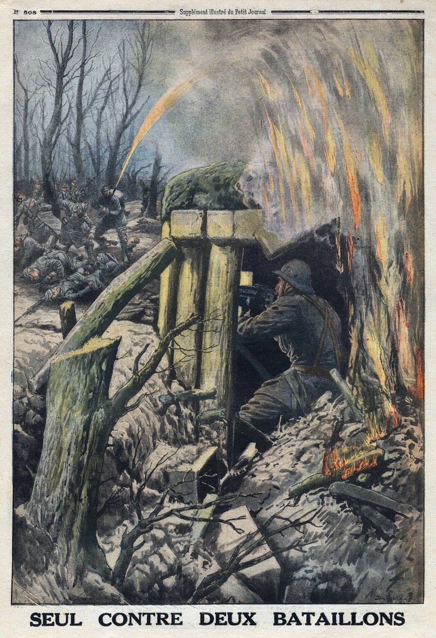 První světová válka 1914-1918 (válka 14-18). Francouzský důstojník bojuje na vlastní pěst proti dvěma praporům německé armády v Bois de Caures. V „“Le Petite Journal“ dne 14.5.1916. Soukromá sbírka od Anonymous Anonymous