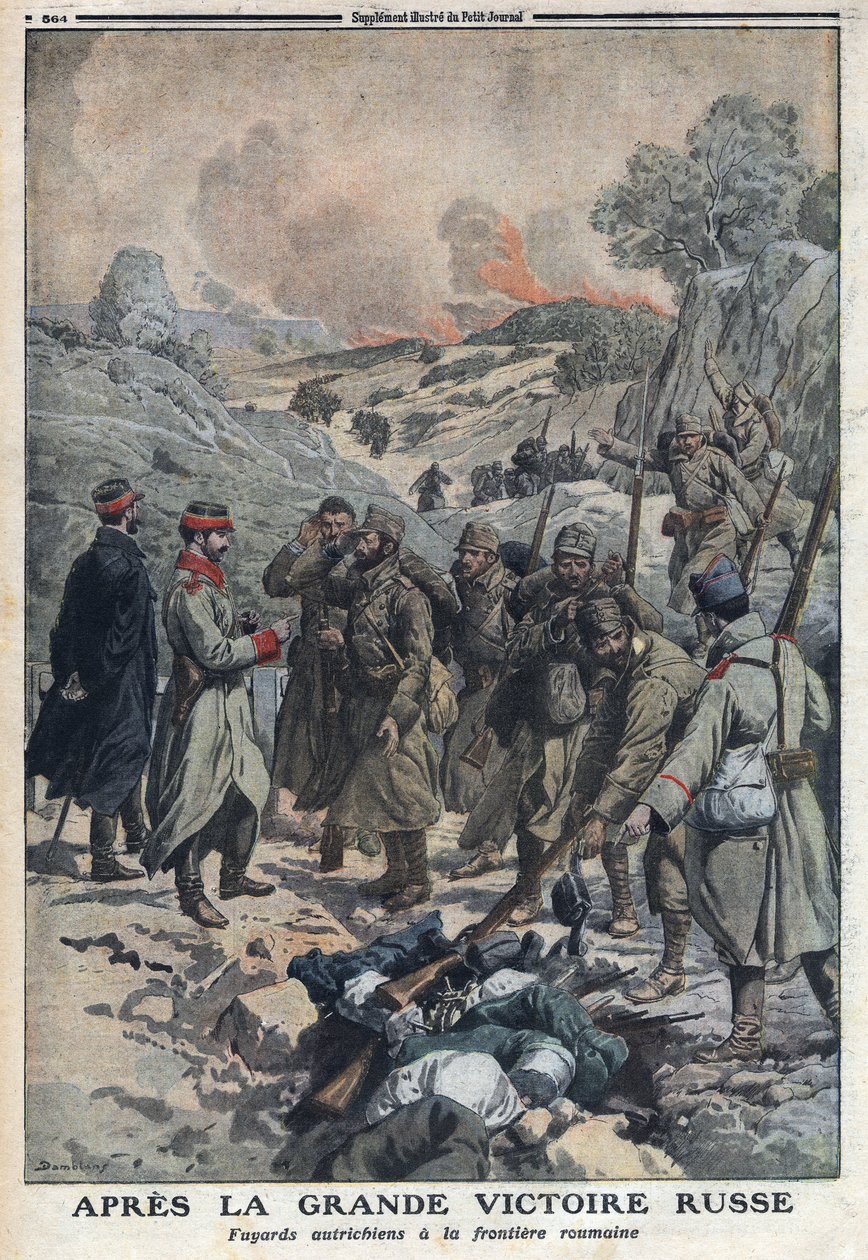 První světová válka 1914-1918 (válka 14-18). Po velkém vítězství Rusů vrhli prchající před rakouskou armádou zbraně na rumunské hranice. V „“Le Petite Journal“ dne 2.7.1916. Soukromá sbírka od Anonymous Anonymous