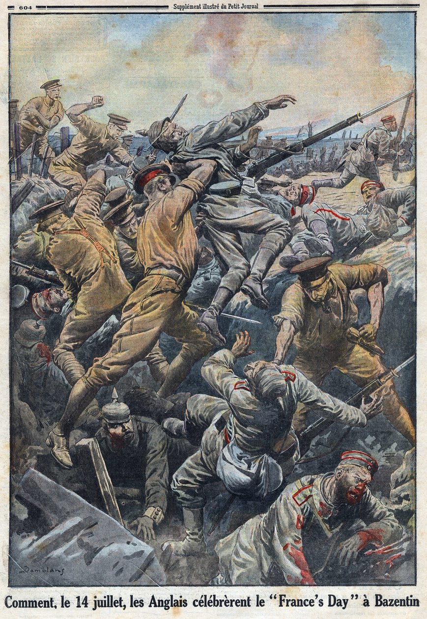 První světová válka 1914-1918 (válka 14-18). Bitva o Krétu Bazentin 13. a 14. července 1916, kde se Angličané postavili německé armádě. V „“Le Petite Journal“ dne 6.8.1916. Soukromá sbírka od Anonymous Anonymous