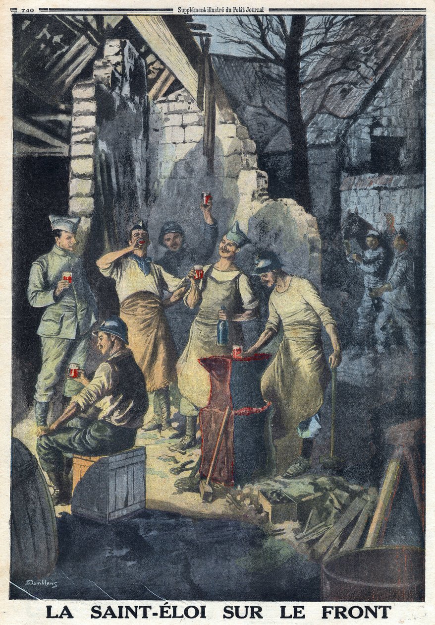 První světová válka 1914-1918 (válka 14-18). Oslava svatého Eloi (Saint-Eloi) vojáků na frontě. Všichni si na oslavu vypijí sklenku červeného vína. V „“ Le Petite Journal“, dne 3.12.1916. Soukromá sbírka od Anonymous Anonymous