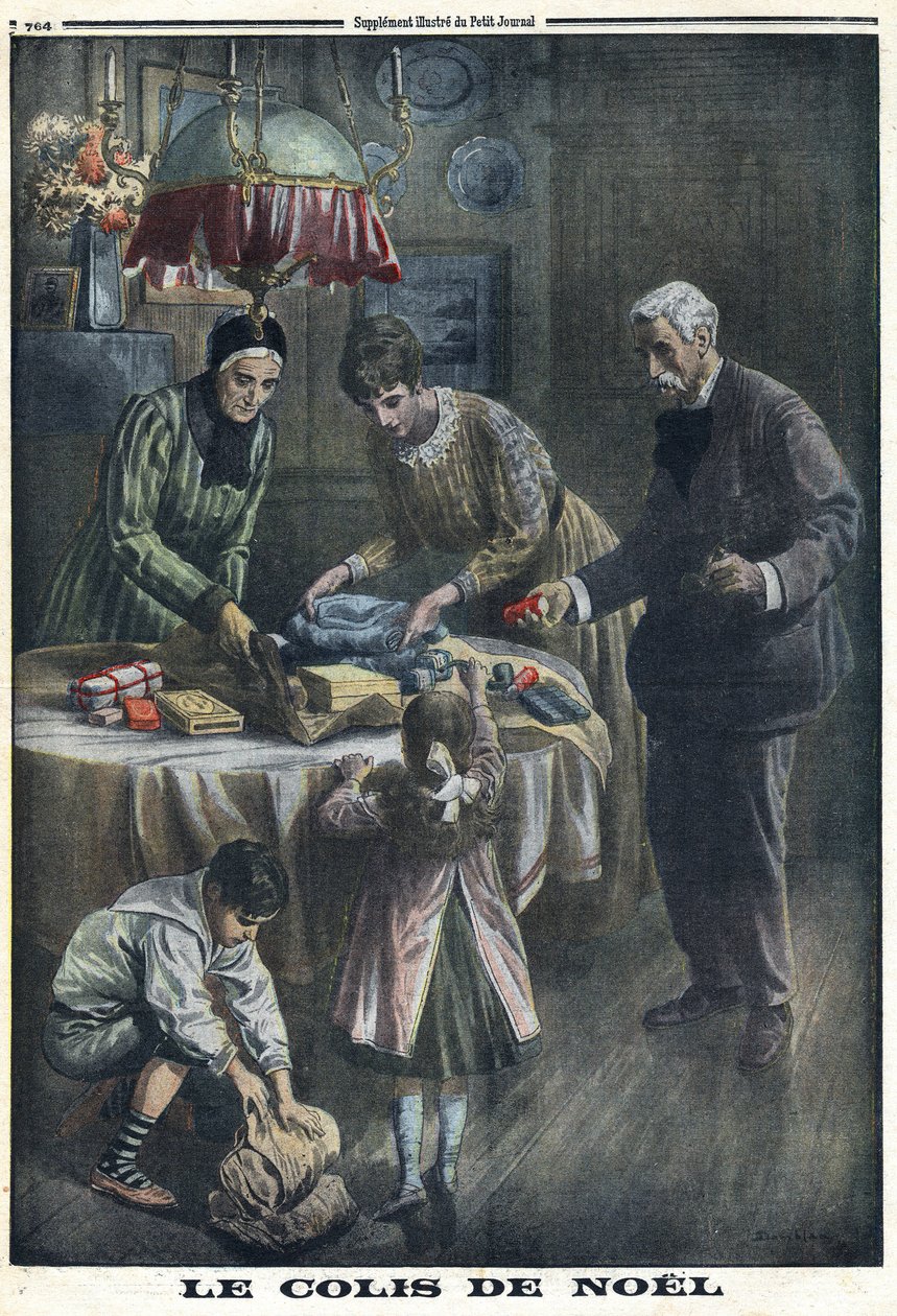 První světová válka 1914-1918 (válka 14-18). Vánoční dárek: Děti dostávají a rozbalují balíčky, které dostaly od otce na Štědrý den na bojišti. V “”Le Petite Journal””, dne 24.12.1916. Soukromá sbírka od Anonymous Anonymous
