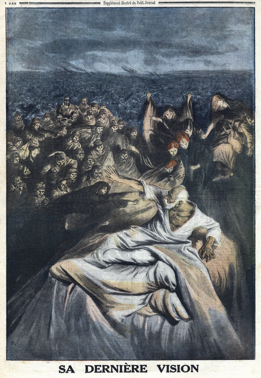 První světová válka 1914-1918 (válka 14-18). Smrt Františka Josefa I. Rakouského (1830-1916). Jeho nejnovější vize, kterou zde představuje, ho činí vinným ze všech nechvalně známých zločinů, které spáchal. V „“Le Petité Journal“ od Anonymous Anonymous