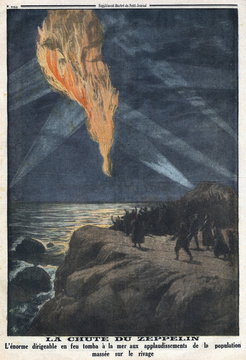 První světová válka 1914-1918 (válka 14-18). Padající zeppelin hořící německé armády vracející se z náletu v Anglii. V „“Le Petite Journal“ dne 17.12.1916. Soukromá sbírka od Anonymous Anonymous