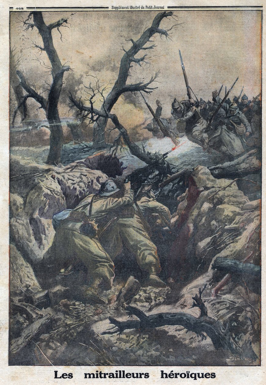 První světová válka 1914-1918 (válka 14-18). Francouzští kulometníci stříleli na útočící německou armádu. V „“Le Petite Journal“ dne 9.4.1916. Soukromá sbírka od Anonymous Anonymous