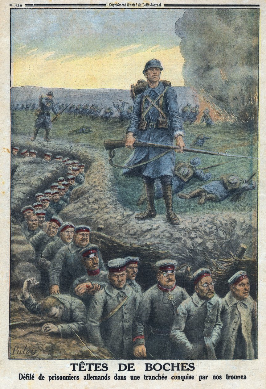 První světová válka 1914-1918 (válka 14-18). "" Headheads "": poskvrňuje německé zajatce v zákopu dobytém vojsky francouzské armády. V „“Le Petité Journal“ dne 5.3.1916. Soukromá sbírka od Anonymous Anonymous