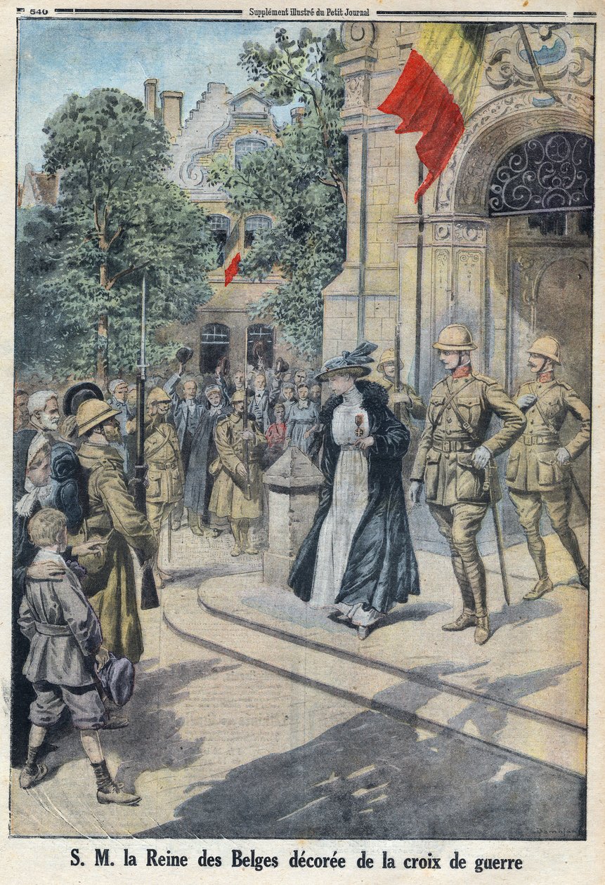 První světová válka 1914-1918 (válka 14-18). Její Veličenstvo belgická královna Elisabeth de Baviere (1876-1965) byla vyznamenána válečným křížem. V „Le Petite Journal“ od Anonymous Anonymous