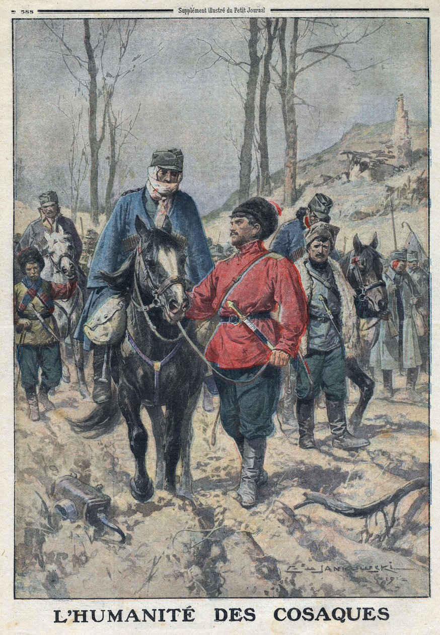 První světová válka 1914-1918 (válka 14-18). Koně jsou půjčováni nemocným nebo zraněným rakouským zajatcům causacké armády. V „“Le Petite Journal“ dne 23.7.1916. Soukromá sbírka od Anonymous Anonymous