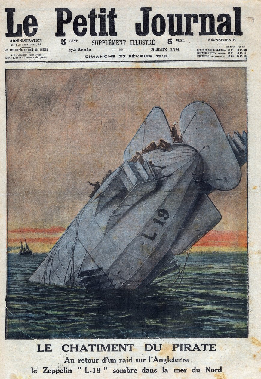 První světová válka 1914-1918 (válka 14-18). Při návratu náletu na Anglii se Zeppelin L-19 německého letectva v Severním moři nezdařil. V „“Le Petite Journal“ dne 27.2.1916. Soukromá sbírka od Anonymous Anonymous