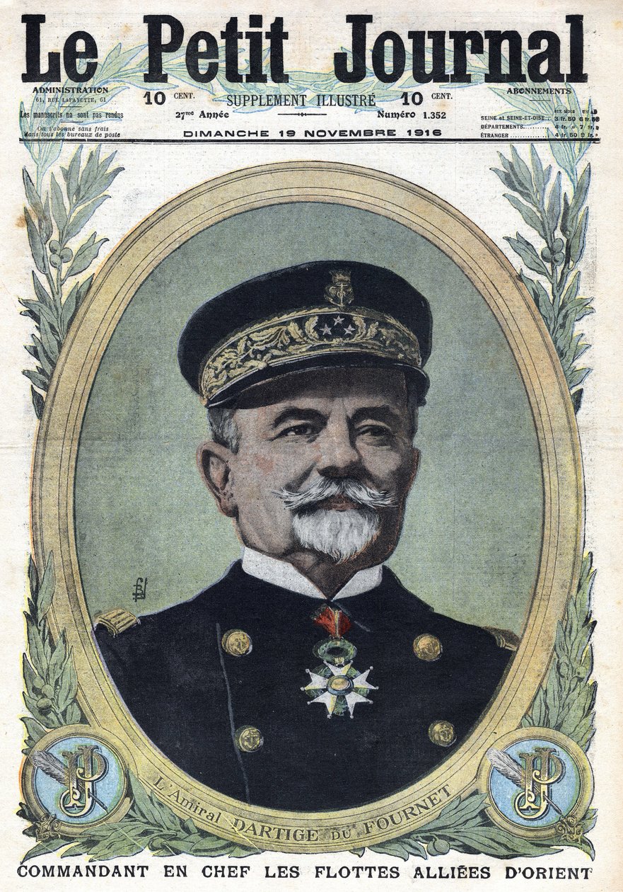 První světová válka 1914-1918 (válka 14-18). Portrét admirála Dartige du Fournet, vrchního velitele spojeneckých flotil Orientu. V „“Le Petite Journal“ dne 19.11.1916. Soukromá sbírka od Anonymous Anonymous