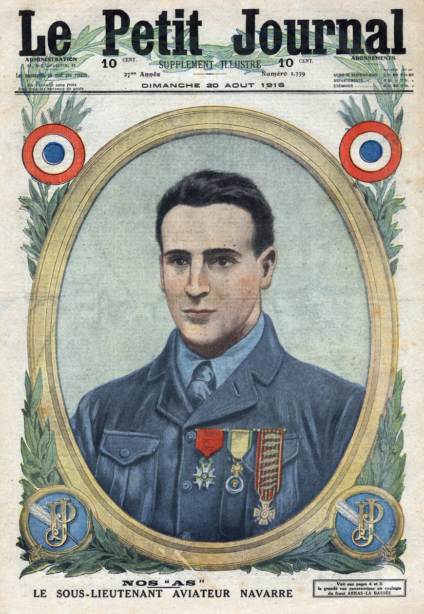 První světová válka 1914-1918 (válka 14-18). Portrét Jeana Navarra (1895-1919), letce francouzské armády. V „“Le Petité Journal“ od Anonymous Anonymous