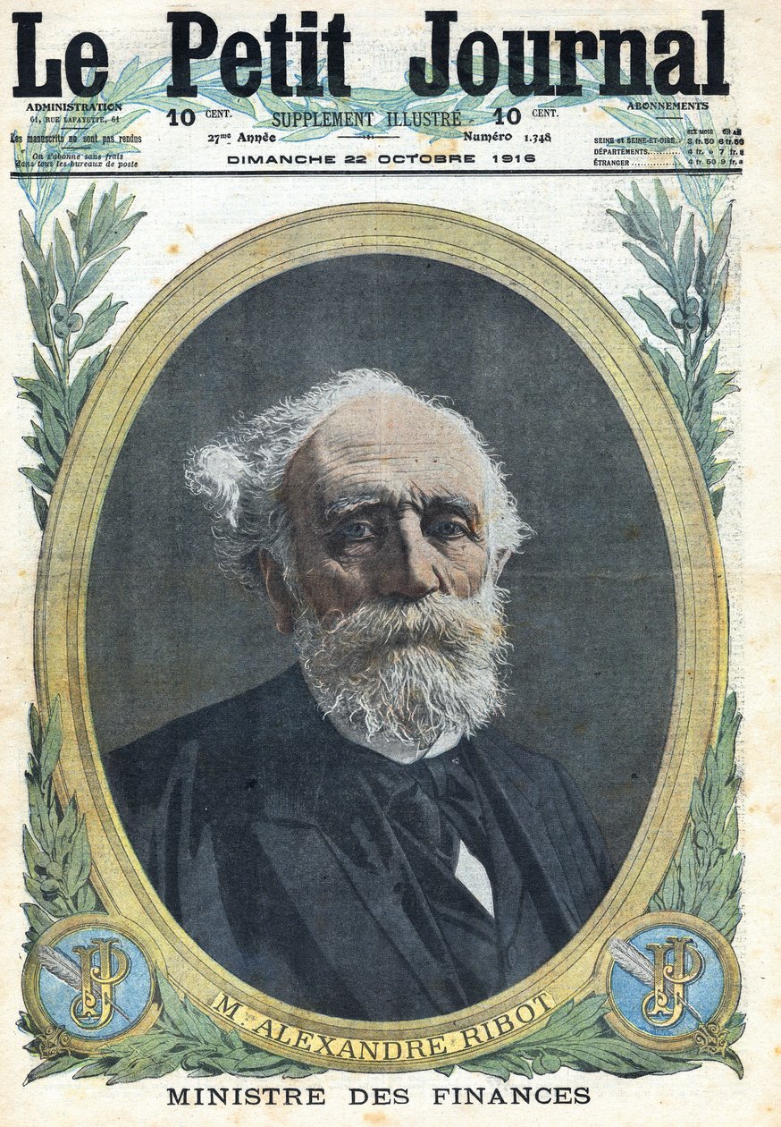 První světová válka 1914-1918 (válka 14-18). Portrét francouzského ministra financí Alexandra Ribota (1842-1923). V “”Le Petite Journal””, dne 22.10.1916. Soukromá sbírka od Anonymous Anonymous