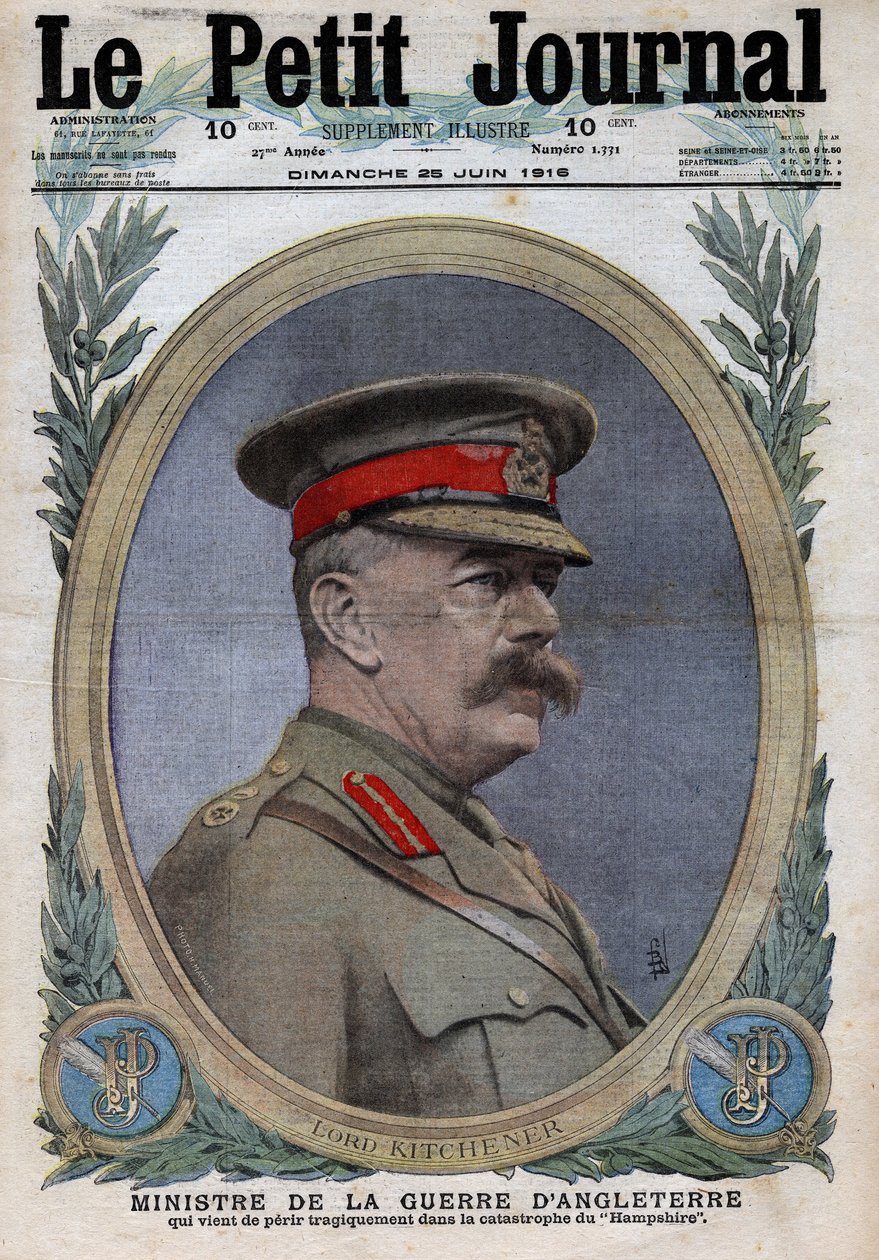 První světová válka 1914-1918 (válka 14-18). Portrét ministra války v Anglii Horatio Herbert Kitchener (1850-1916). V „“Le Petite Journal“ dne 25.6.1916. Soukromá sbírka od Anonymous Anonymous