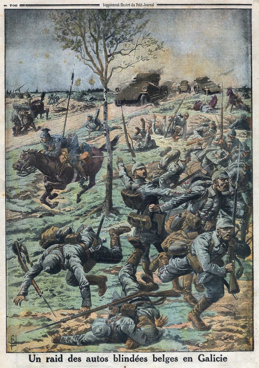 První světová válka 1914-1918 (válka 14-18). Nájezd belgických automobilových slepců v Galicii. V „“ Le Petite Journal“, dne 29.10.1916. Soukromá sbírka od Anonymous Anonymous
