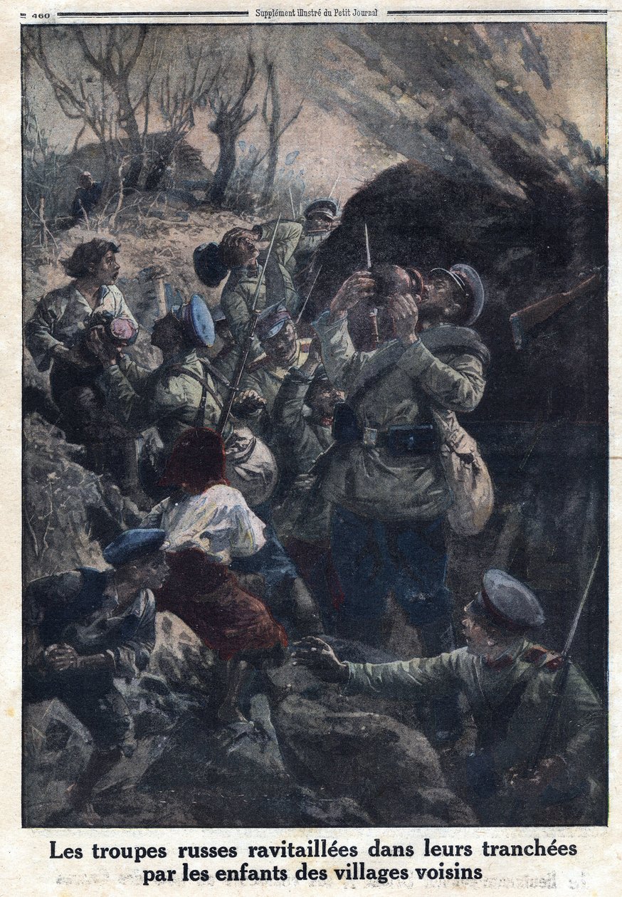 První světová válka 1914-1918 (válka 14-18). Ruské vojenské jednotky doplňovaly palivo ve svých zákopech dětmi ze sousedních vesnic. V „“Le Petite Journal“ dne 02.04.1916. Soukromá sbírka od Anonymous Anonymous