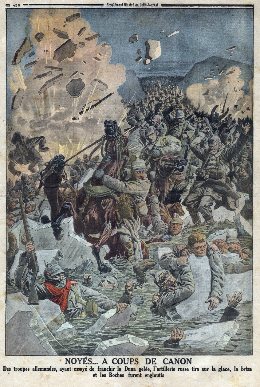 První světová válka 1914-1918 (válka 14-18). Německá armáda se pokouší překročit řeku Duna gele, ale ruské dělostřelectvo střílelo z pistole na led a utopilo německou armádu (v textu přezdívaná Boche) V „“The Petity Journal““ od Anonymous Anonymous