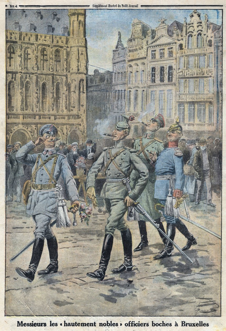 První světová válka 1914-1918 (válka 14-18). Němečtí důstojníci v Bruselu reprezentováni jako „vysoce ušlechtilí boches“. V „“Le Petite Journal“ dne 28.5.1916. Soukromá sbírka od Anonymous Anonymous