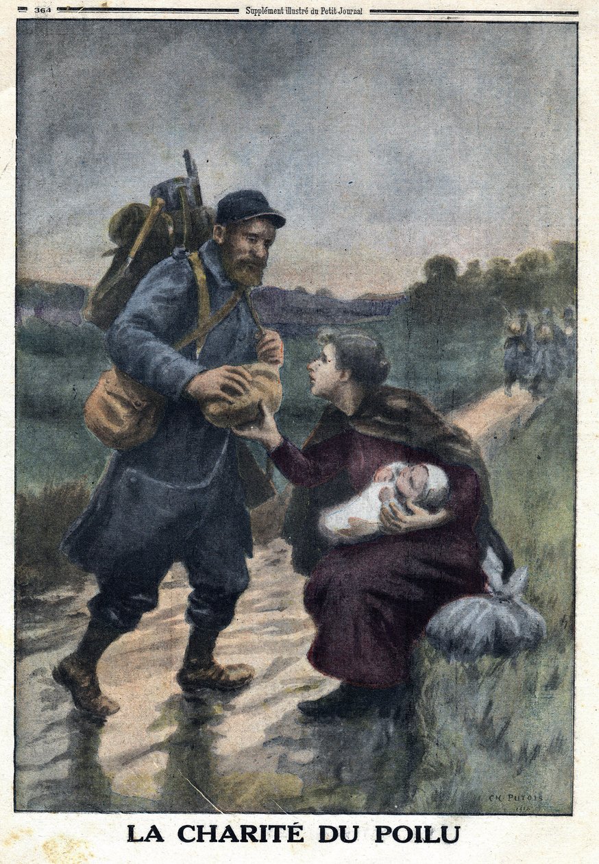 První světová válka 1914-1918 (válka 14-18). Charita chlupatých: francouzský voják na stezce se zastaví, aby nabídl chléb ženě samotné s dítětem. V „“Le Petite Journal“ dne 9.1.1916. Soukromá sbírka od Anonymous Anonymous