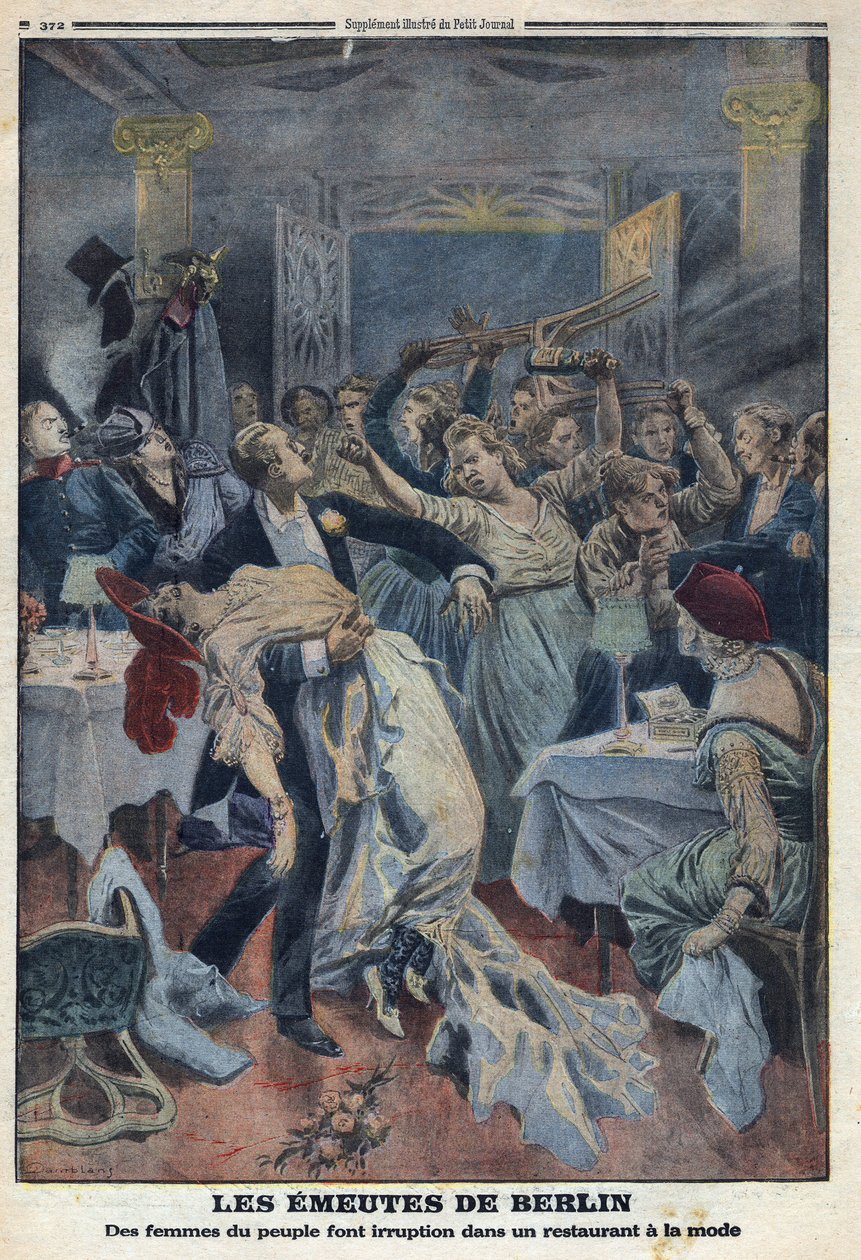 První světová válka 1914-1918 (válka 14-18). Ženy z lidu vtrhnou do módní restaurace a požadují návrat svých manželů. V „“Le Petite Journal“ dne 16.01.1916. Soukromá sbírka od Anonymous Anonymous