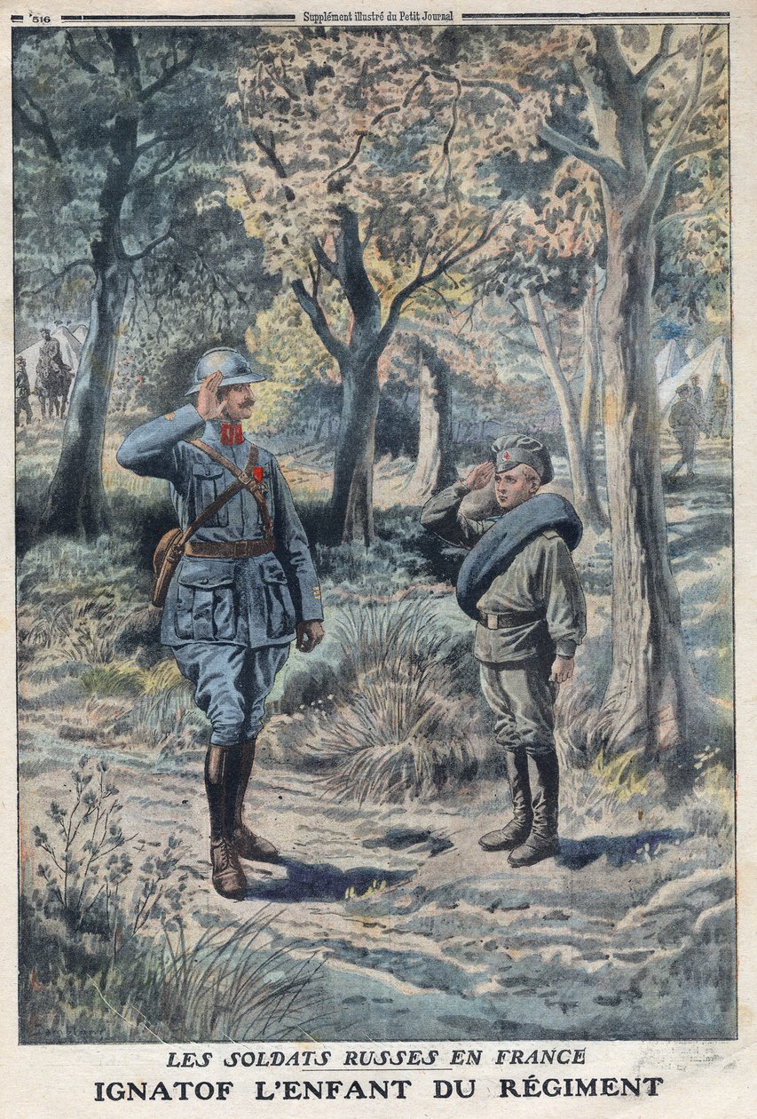 První světová válka 1914-1918 (válka 14-18). Mladý ruský voják Ignatof ve francouzském armádním pluku. V „“Le Petité Journal“ dne 21.05.1916. Soukromá sbírka od Anonymous Anonymous