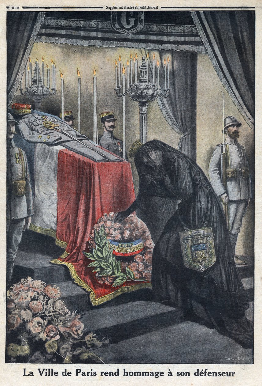 První světová válka 1914-1918 (válka 14-18). Pocta města Paříži generálu Josephu Simonovi Gallienimu (1849-1916), který město bránil. V „“Le Petite Journal“ dne 18.6.1916. Soukromá sbírka od Anonymous Anonymous