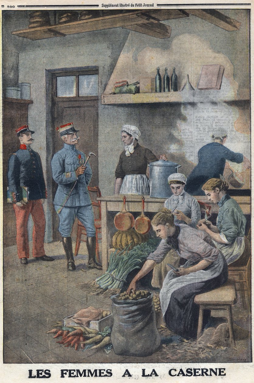 První světová válka 1914-1918 (válka 14-18). Ženy připravující jídlo v barákových kuchyních. Tři kuchaři v bramborové polévce, oloupejte brambory. V „“Le Petite Journal“ dne 7.5.1916. Soukromá sbírka od Anonymous Anonymous
