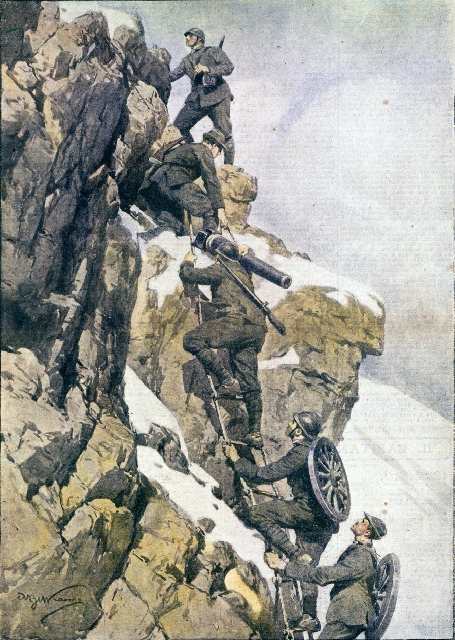 První světová válka: „“ Italští alpští lovci (alpino nebo alpini) nesoucí materiál na vrchol italských Alp od Anonymous Anonymous