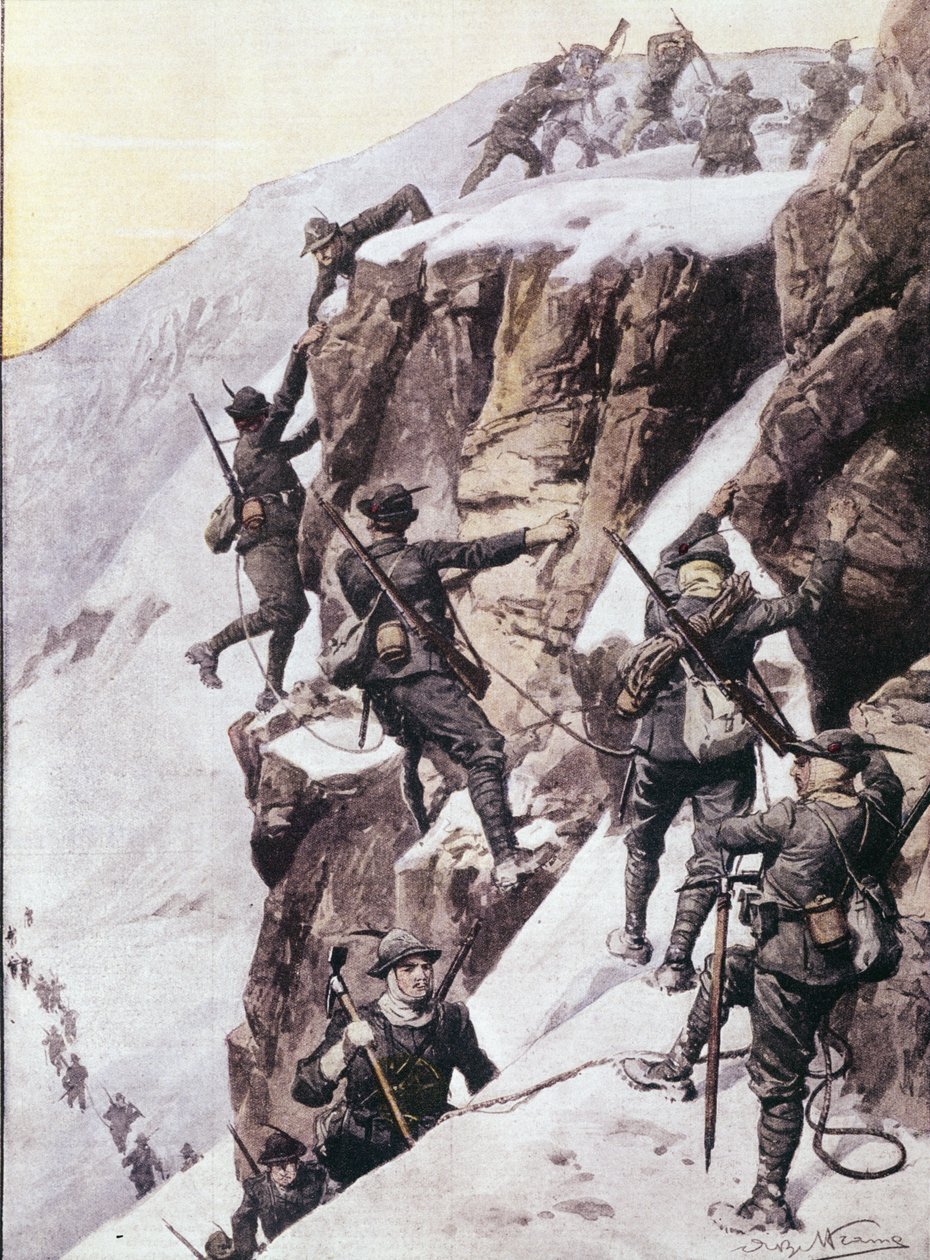 První světová válka: Italští alpští lovci (alpino nebo alpini) šplhající na vrchol Tuckettspitze (Tuckett-Spitze nebo Tuckett peak), Alpy kolem roku 1915 Ilustrace z „La domenica del corriere““ od Anonymous Anonymous