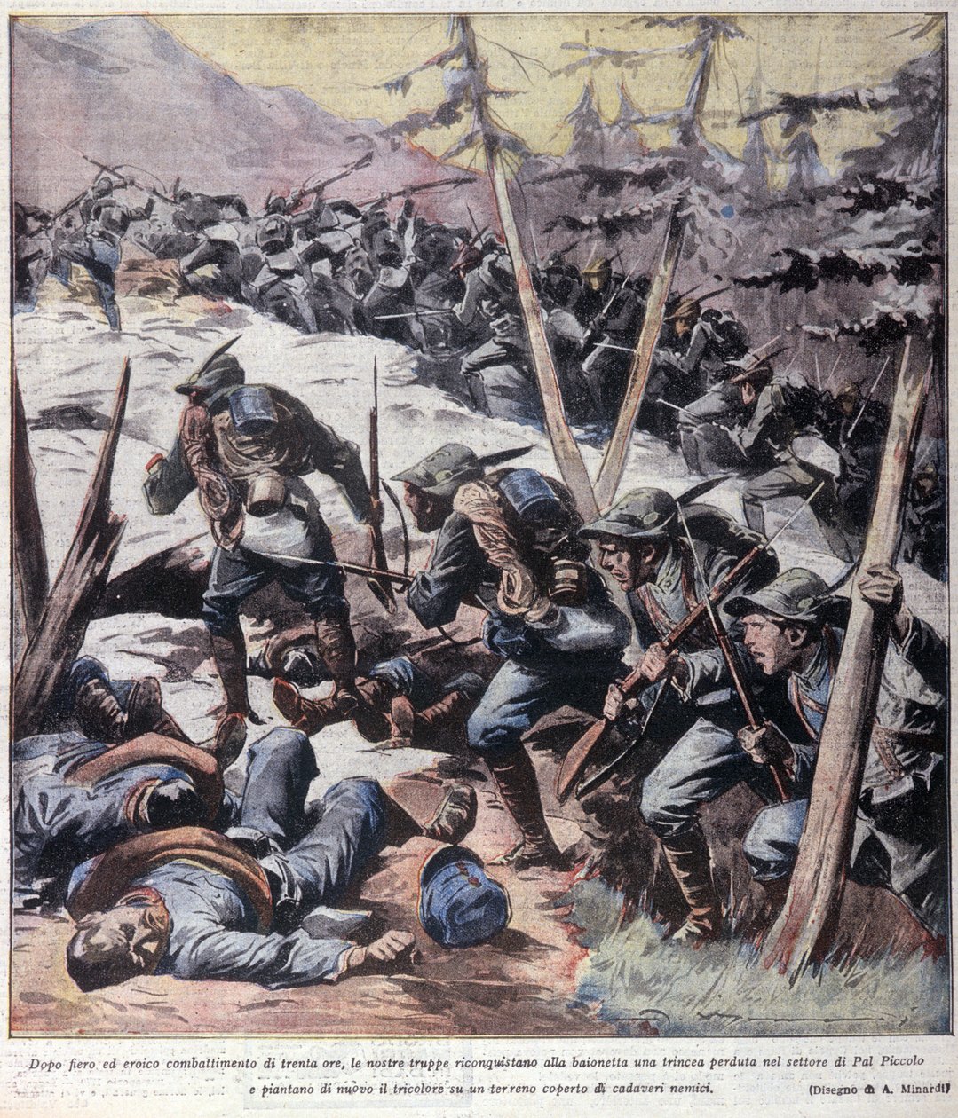 První světová válka: „“ Italští alpští lovci (alpini nebo alpini) berou zpět od nepřátel Pal Piccolo, italské Alpy““ 1916 Ilustrace z „La domenica del corriere““ od Anonymous Anonymous