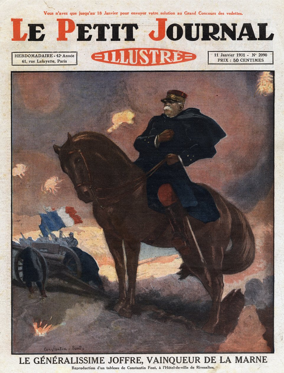 První světová válka: portrét generála Josepha Joffreho (1852-1931) na koni, reprezentujícího jako vítěze na bitevním poli La Marne (září 1914)“ Ilustrace z obrazu od Constantina Fonta. Rytina z „Le petit journal illustrious““ z roku 1931. od Anonymous Anonymous