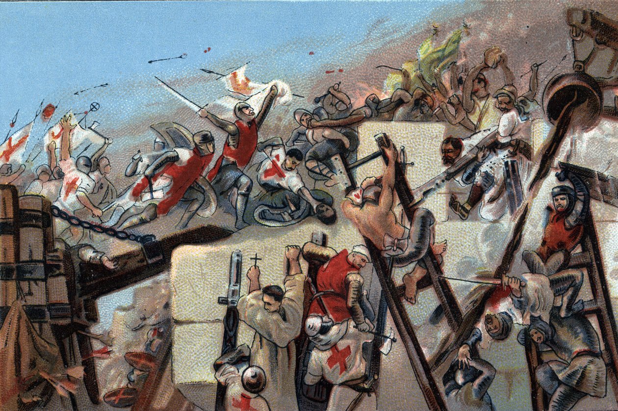 První křížová výprava (1096-1099): dobytí Jeruzaléma cestami vedenými Godefroyem (Godefroi) z Bouillonu (1061-1100) 15. července 1099. Reklamní chromolitografie čokolád Antoine v Bruselu, počátek 20. století. Soukromá sbírka od Anonymous Anonymous