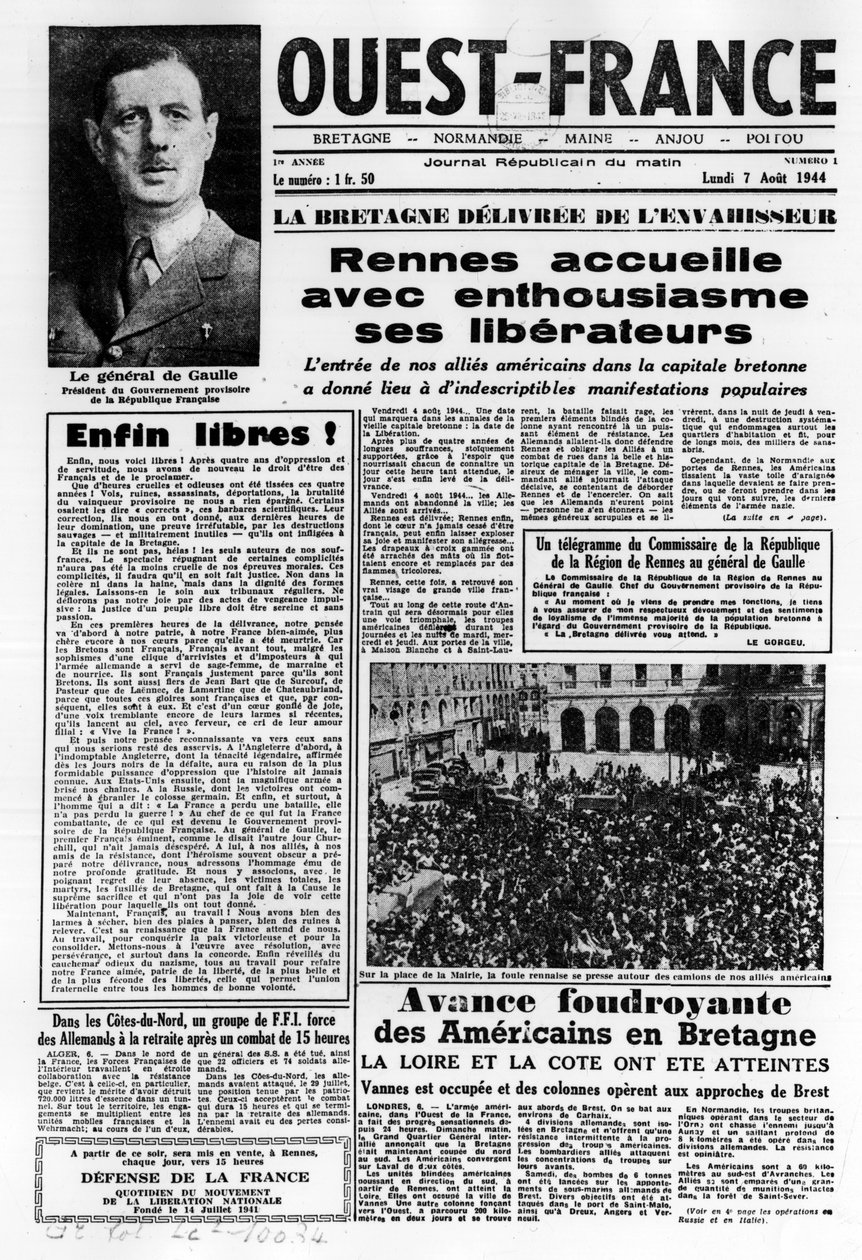 První číslo Západní Francie ze 7. srpna 1944: La La La La Liberation in the West of France a General de Gaulle - fotografie, B.N. od Anonymous Anonymous