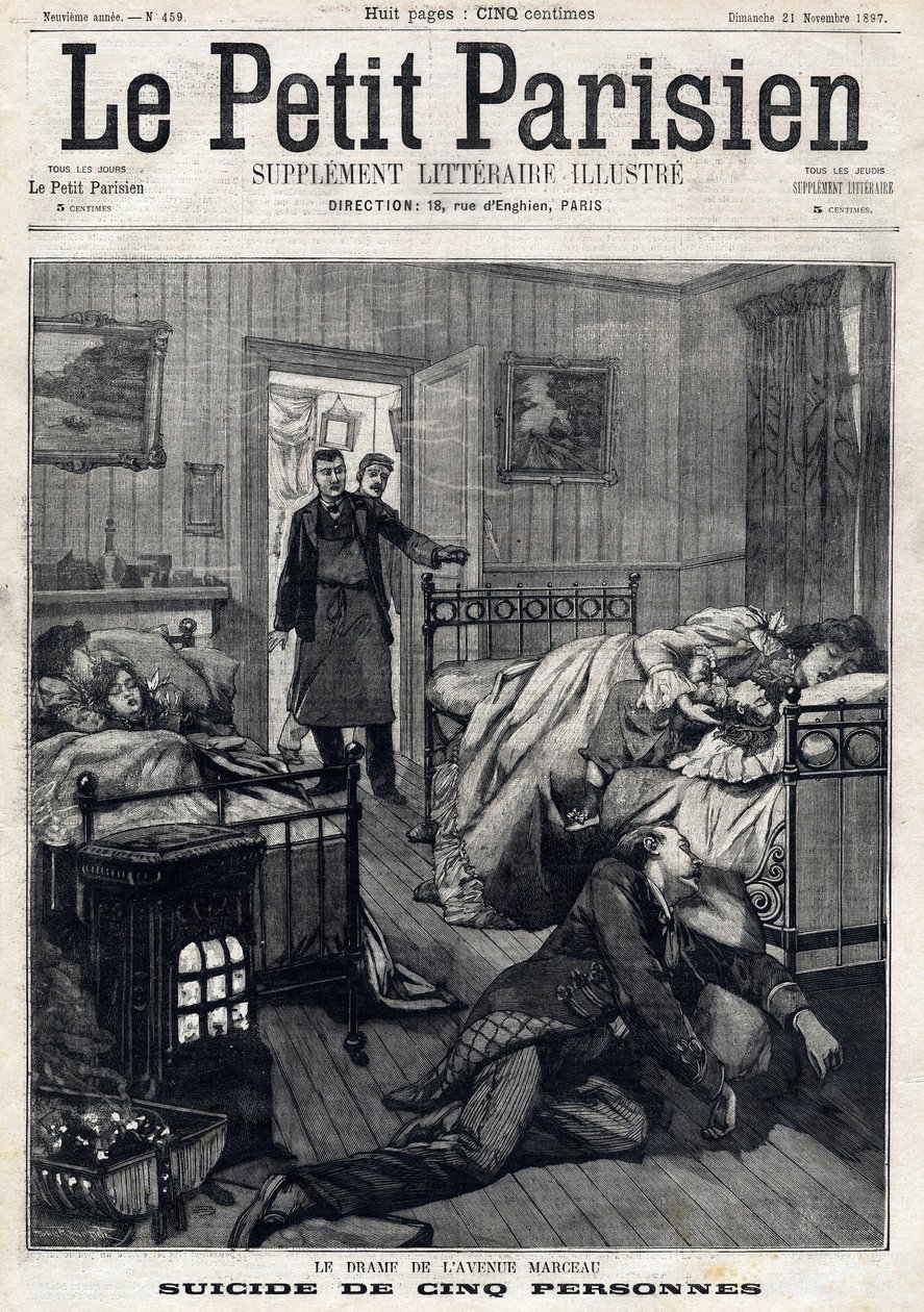 Pět sebevražd na Avenue Marceau v Paříži. V „“Le Peute Parisien““ dne 21.11.1897. Soukromá sbírka od Anonymous Anonymous