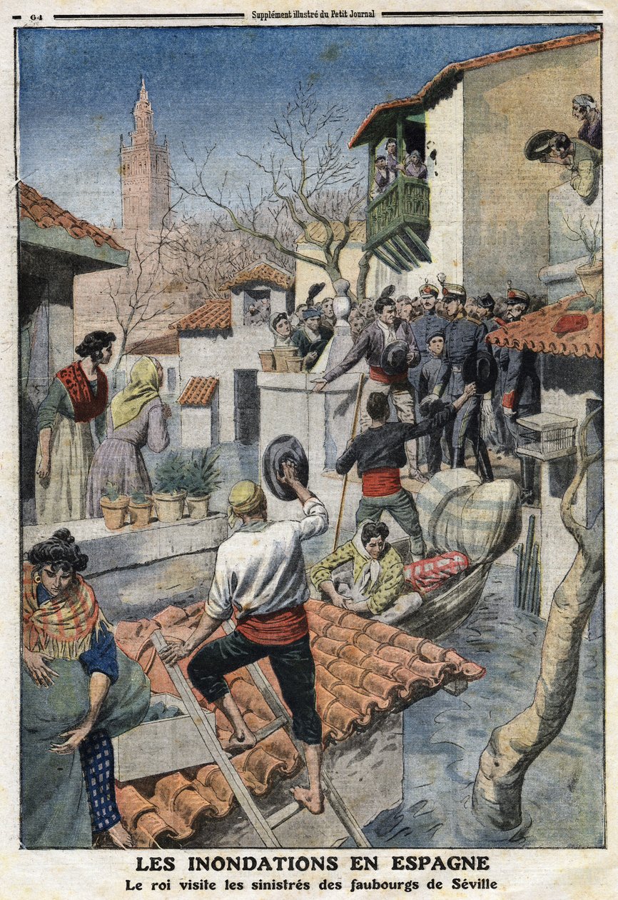 Povodně ve Španělsku: Král Alfonso XIII. (1886-1941) navštíví zlověstné předměstí Sevilly. Rytina v „“Le Petite Journal“ dne 25.2.1912. Soukromá sbírka. od Anonymous Anonymous