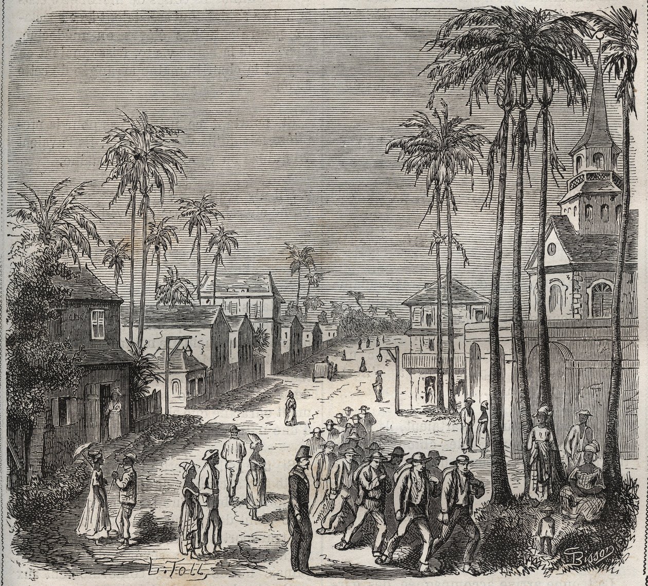 Forcats šel pracovat do věznice Saint-Laurent (Saint-Laurent) v Cayenne (Francouzská Guyana) v 19. století. Rytina do „Historie věznic od jejich vzniku po současnost““ (1877) od Pierra Zacconeho (1817-1895) (Colonia Penale - Trestná kolonie) od Anonymous Anonymous