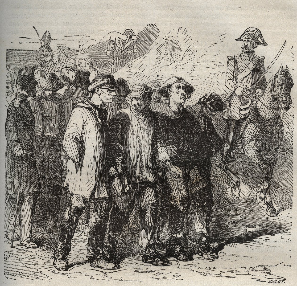 Odsouzení v pochodu u bagne de Rochefort v 19. století. Rytina do „Historie trestanců od jejich vzniku až po současnost“ (1877) od Pierra Zacconeho (1817-1895) (Colonia Penale - Trestná kolonie). Soukromá sbírka. od Anonymous Anonymous
