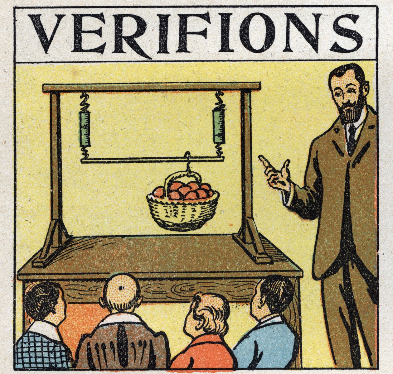 Síly: rovnoběžné síly. Výtah koše na jablka s tyčí drženou dvěma pružinami. Anonymní ilustrace z roku 1925. Soukromá sbírka. od Anonymous Anonymous