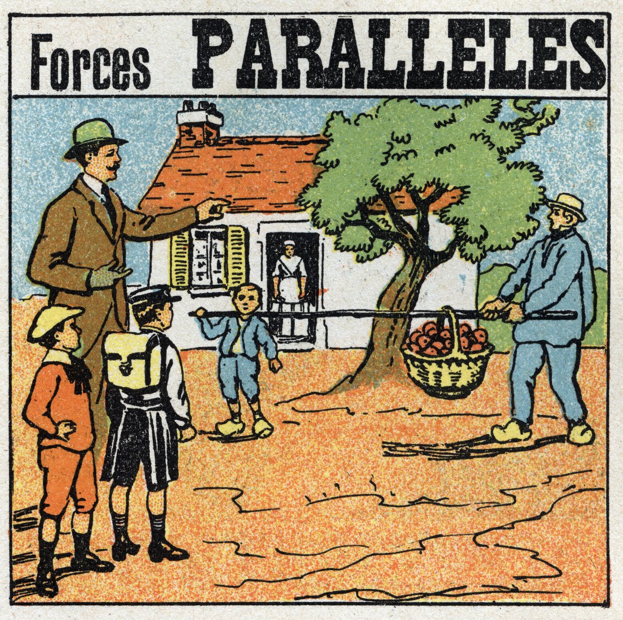 Síly: rovnoběžné síly. Koš jablek zvedá tyčí dva muži různých sil. Anonymní ilustrace z roku 1925. Soukromá sbírka. od Anonymous Anonymous