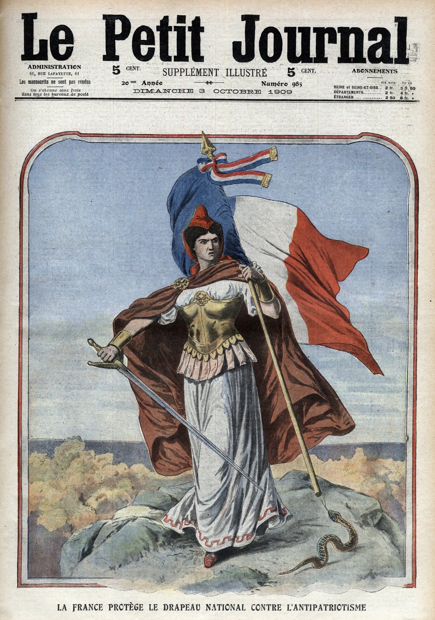 Francie (Marianne) chrání státní vlajku proti antipatriotismu – „“Le Petit Journal““ z října 1909 od Anonymous Anonymous