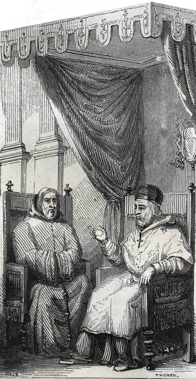 František z Paoly zakladatel římskokatolického řádu minimů a papež Sixtus IV - Saint Francois de Paule (Francesco di Paola) (1416-1507), zakladatel řádu Minimes s papežem Sixtem IV - rytina z roku 1846 v „Životech Svatí““. Soukromá sbírka od Anonymous Anonymous