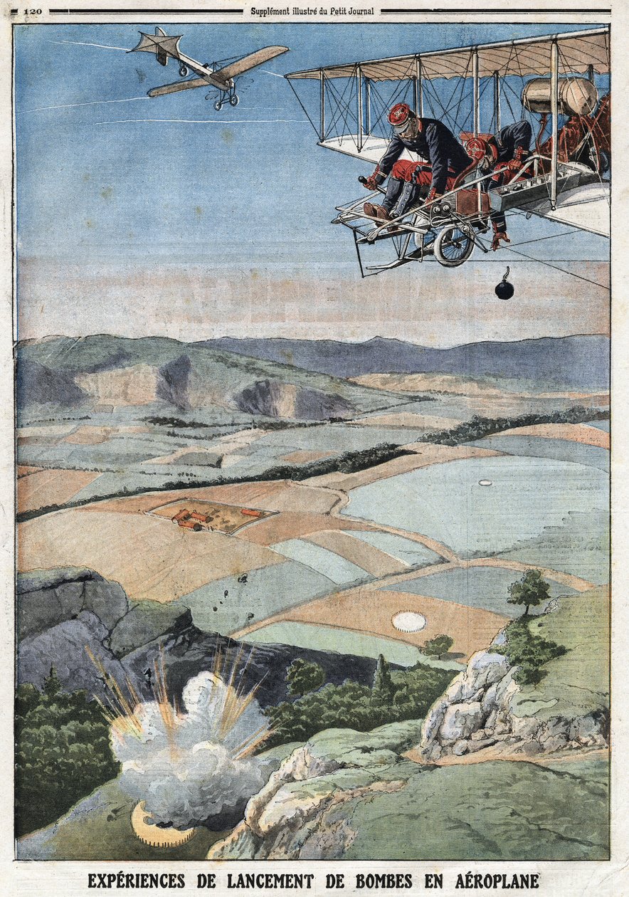 French Armee: “” Zkušenosti s vypouštěním letecké bomby””. Rytina v „“Le Petité Journal“ dne 14.4.1912. Soukromá sbírka. od Anonymous Anonymous