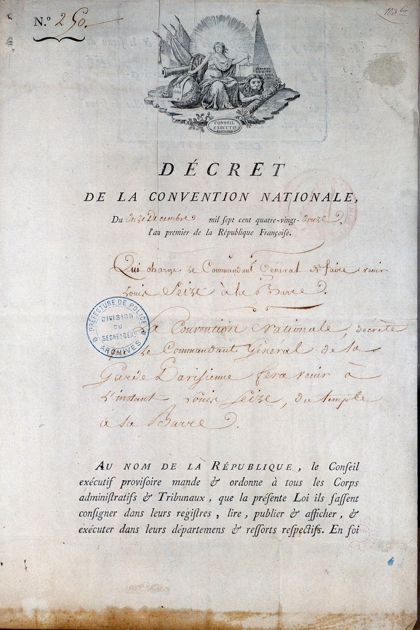 Francouzská revoluce: Dekret úmluvy z 12. 11. 1792 nařizující Národní gardě přivést krále Ludvíka XVI. z věznice Temple k soudu. Paříž. Policejní prefektura od Anonymous Anonymous