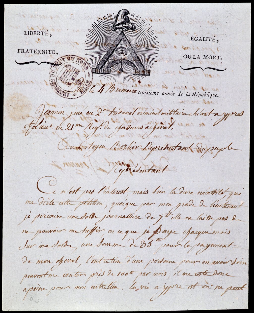 Francouzská revoluce: první strana a záhlaví vojenského správního dopisu 4 mlha rok III (25/10/1794) ze dne 18 Frimaire rok III (08/12/1794) s republikánským nápisem „Liberte Egalite, Fraternite ou la Mort“ a symboly z Franco-Maconnerie. od Anonymous Anonymous