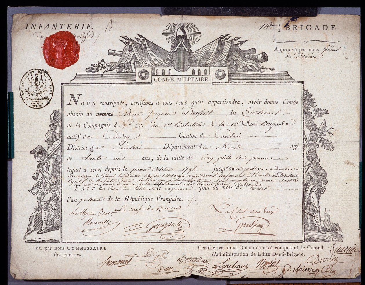 Francouzská revoluce: oficiální dokument vojenského shromáždění ze dne 5. Praiární rok IV (24. 5. 1796) poručíka brigády okresu Cambrai. Archiv departementu Nord Lille od Anonymous Anonymous