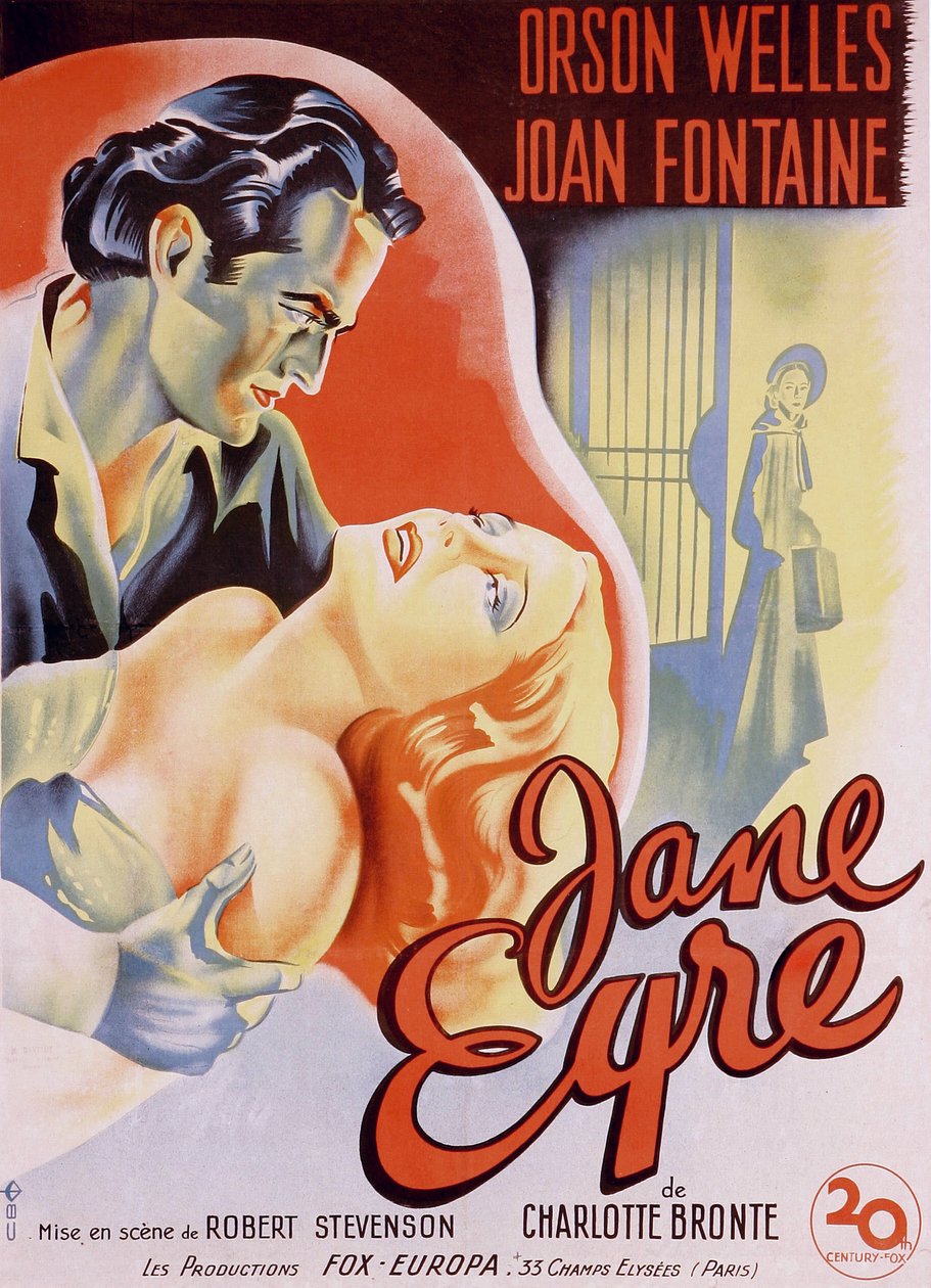 Francouzský filmový plakát k filmu “” Jane Eyre””, který napsala Charlotte Bronteová a režíroval Robert Stevenson v roce 1944 s herci Orsonem Wellesem jako Edwardem Rochesterem a Joan Fontaine jako Jane. Soukromá sbírka. od Anonymous Anonymous