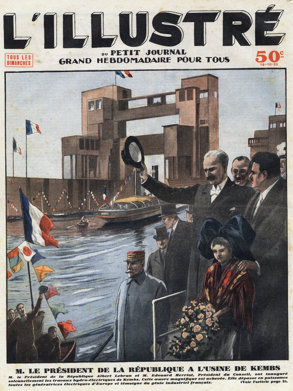 Francouzský průmysl: Albert Lebrun (1871-1950), prezident republiky a Edouard Herriot (1872-1957), předseda rady, slavnostně otevřeli vodní elektrárnu Kembs v Haut-Rhin (Haut Rhin) v Alsasku. Rytina nadpisu „“ L
