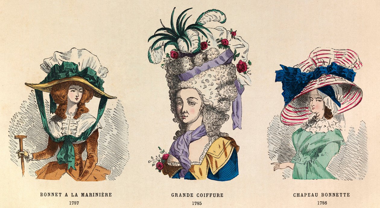 Zleva k vráně: Hat a la mariniere v roce 1787; Grande Hairstyle v roce 1785 a Hat Bonnette v roce 1786 - soukromá sbírka od Anonymous Anonymous