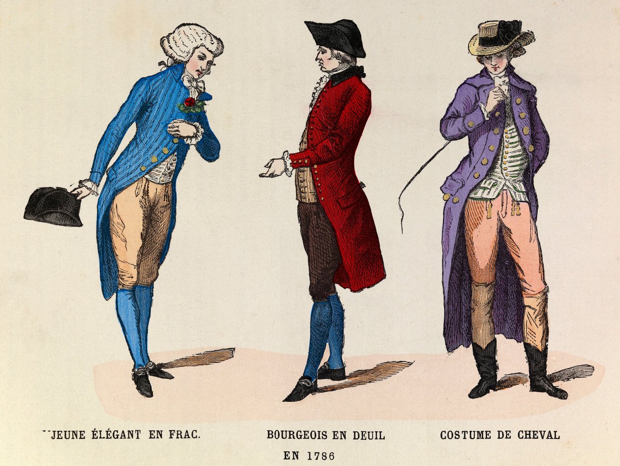 Zleva doprava: Mladý elegán ve frac; Měšťan ve smutku a koňském obleku v roce 1786 - soukromá sbírka od Anonymous Anonymous